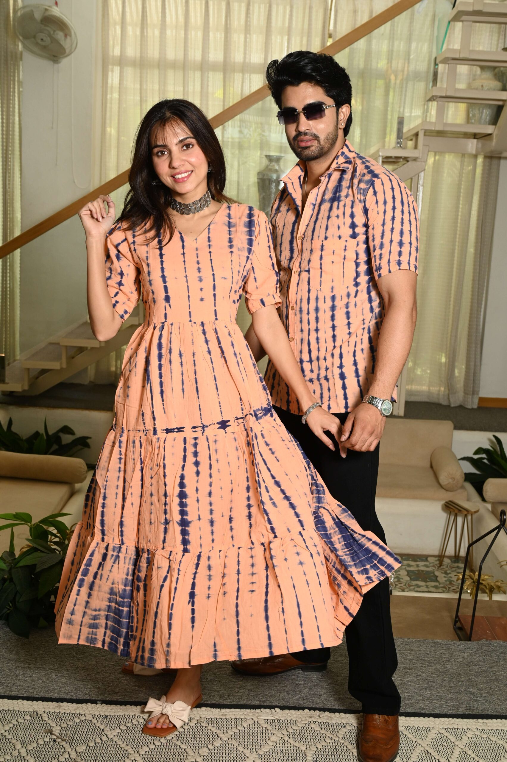 Couple Matching Peach Printed Cotton Anarkali Midi Dress & Shirt Set ? Summer Casual Wear