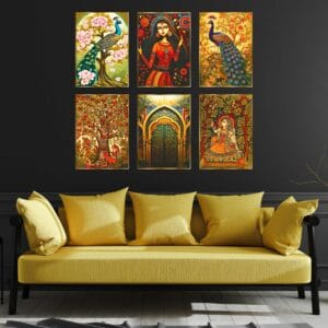Set of Six Wall Paintings for Wall Dacoration Golden Framed Wall Paintings for Living Room & Bedroom Wall Art for Home D