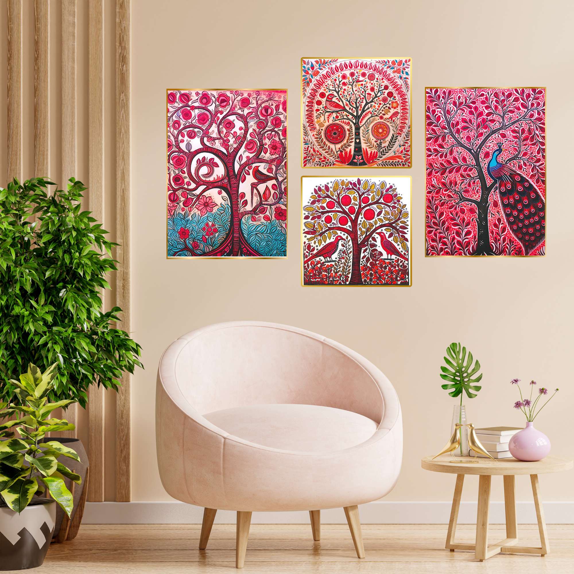 Set of Four Wall Paintings for Wall Dacoration Golden Framed Wall Paintings for Living Room & Bedroom Wall Art for Home