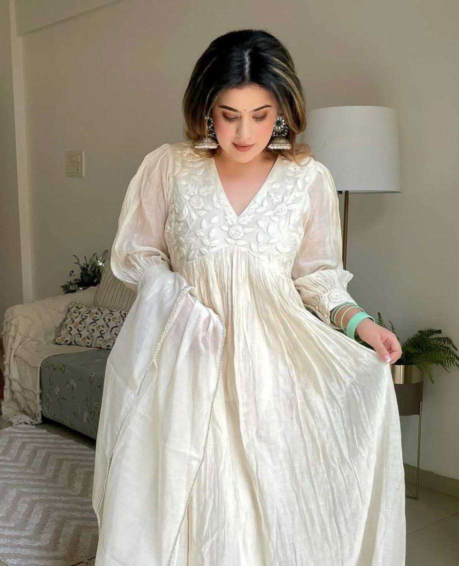 Women's Chanderi Silk Embroidered Anarkali Kurti With Pant and Dupatta