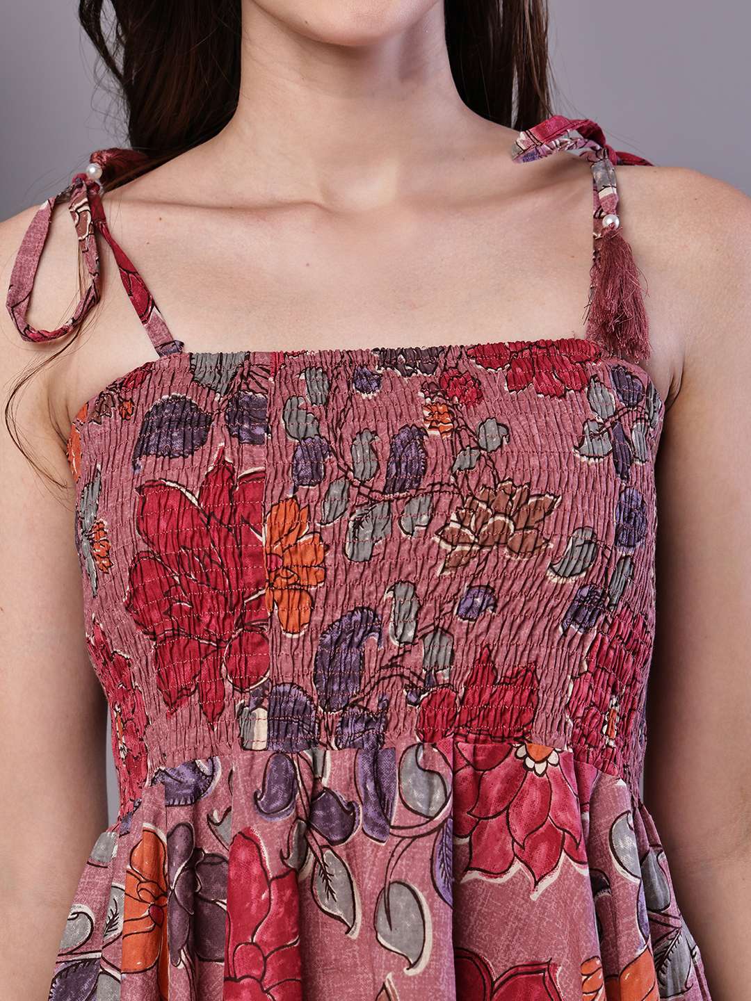 Women's Maroon Floral Printed Cotton Handkerchief Hem Midi Dress