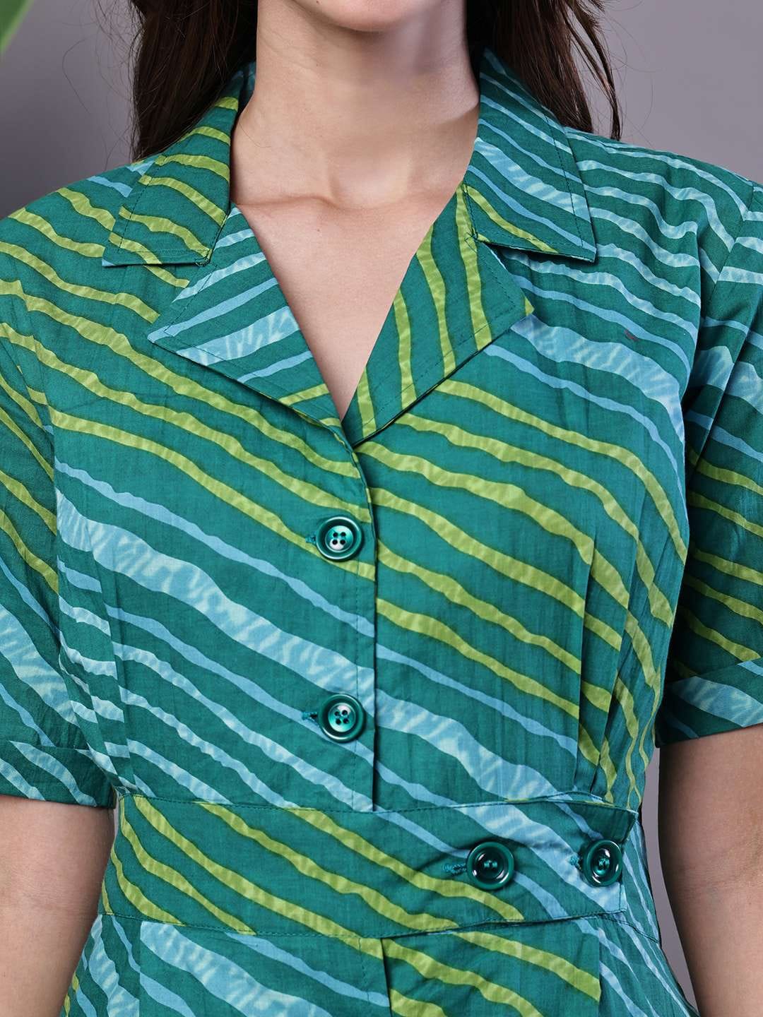 Women's eal Green Striped Cotton Midi Shirt Dress