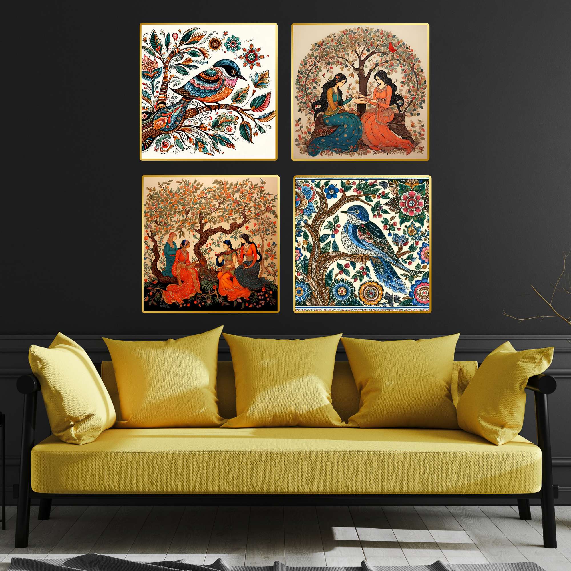 Set of Four Wall Paintings for Wall Dacoration Golden Framed Wall Paintings for Living Room & Bedroom Wall Art for Home