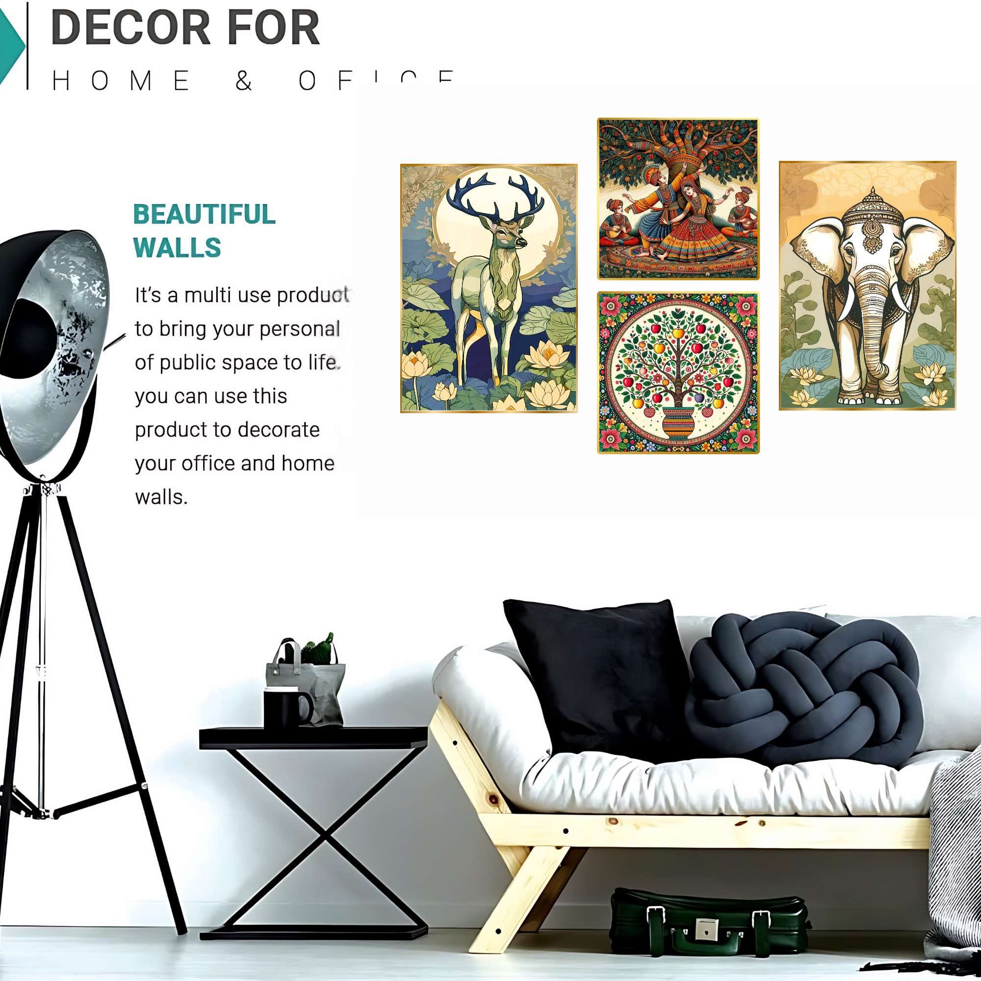 Set of Four Wall Paintings for Wall Dacoration Golden Framed Wall Paintings for Living Room & Bedroom Wall Art for Home