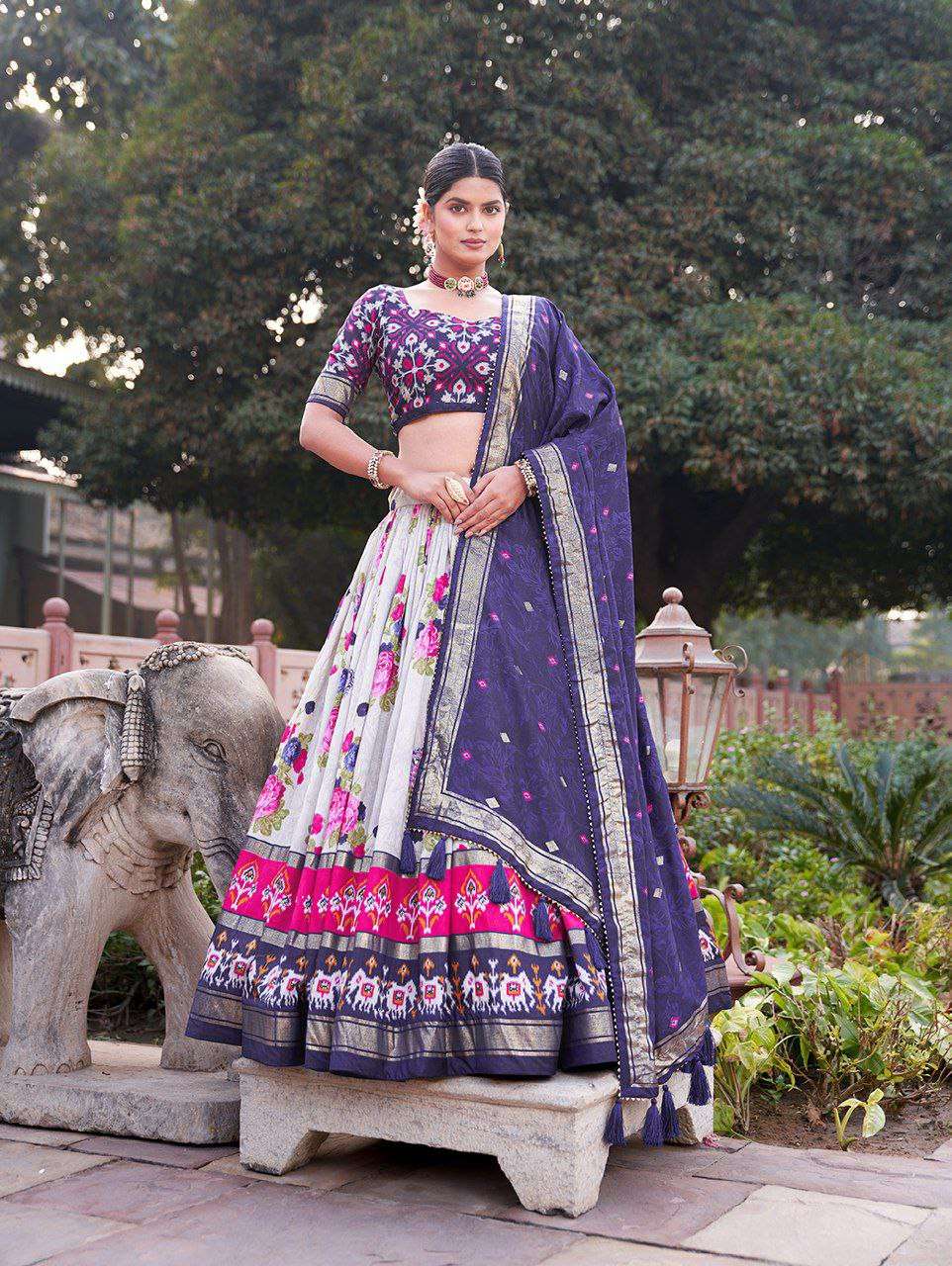 Women's Patola Print Tussar Silk Lehenga Choli Dupatta Set