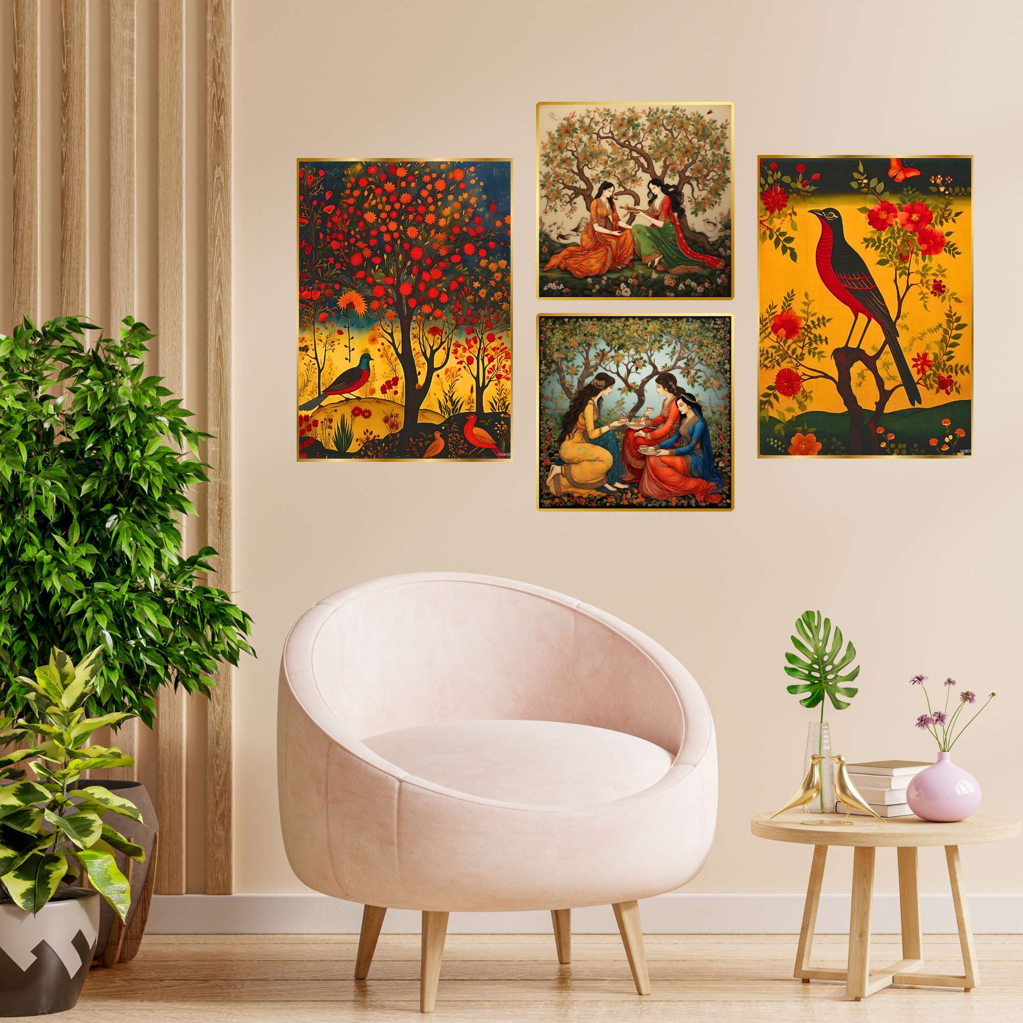 Set of Four Wall Paintings for Wall Dacoration Golden Framed Wall Paintings for Living Room & Bedroom Wall Art for Home