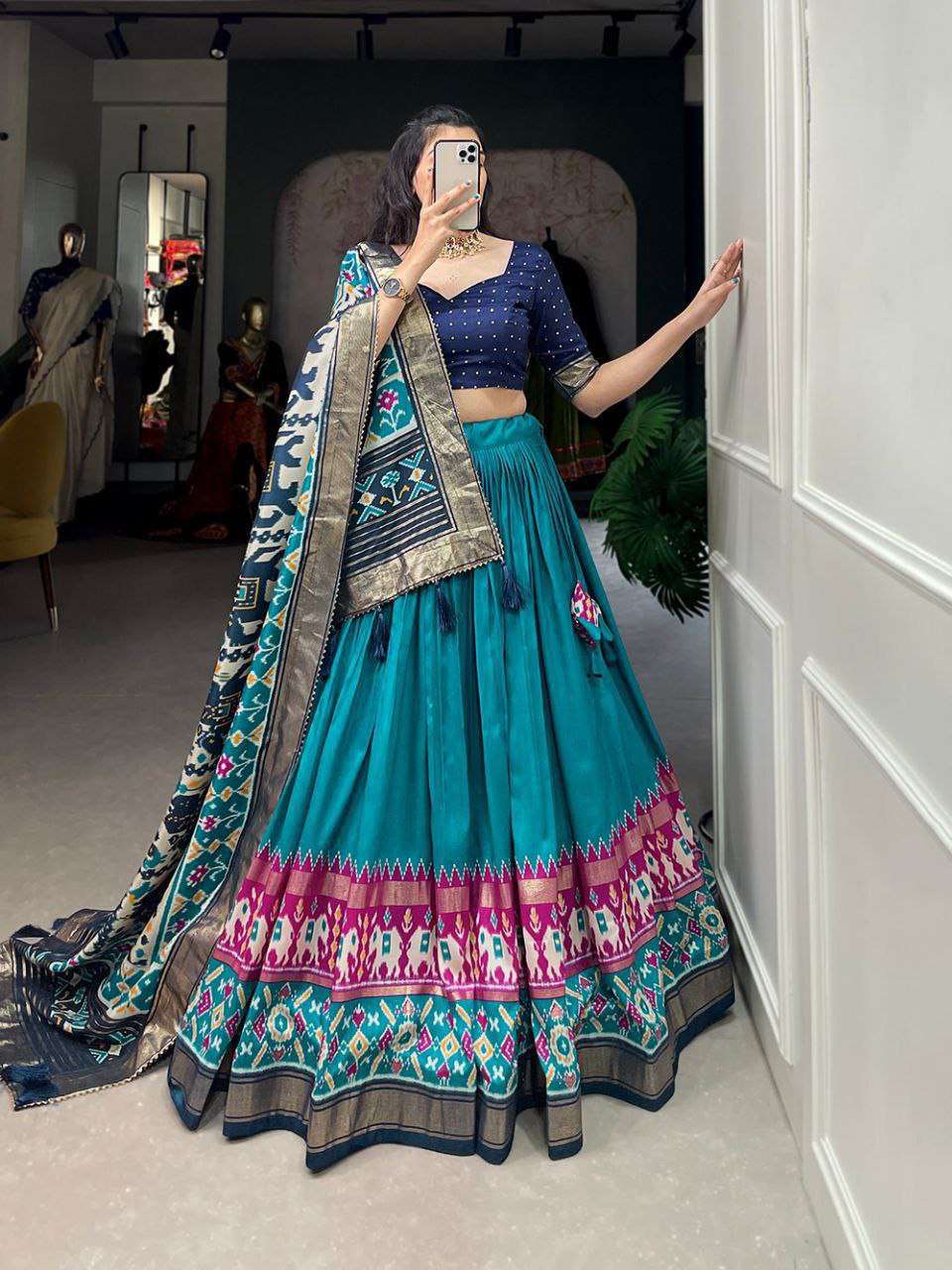 Women's Tussar Silk Patola Print Lehenga Choli Dupatta Set