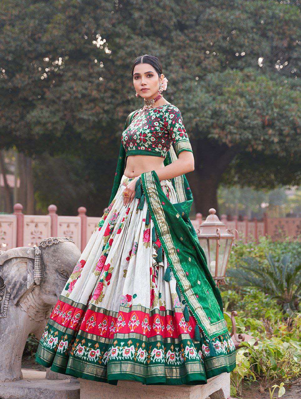 Women's Patola Print Tussar Silk Lehenga Choli Dupatta Set