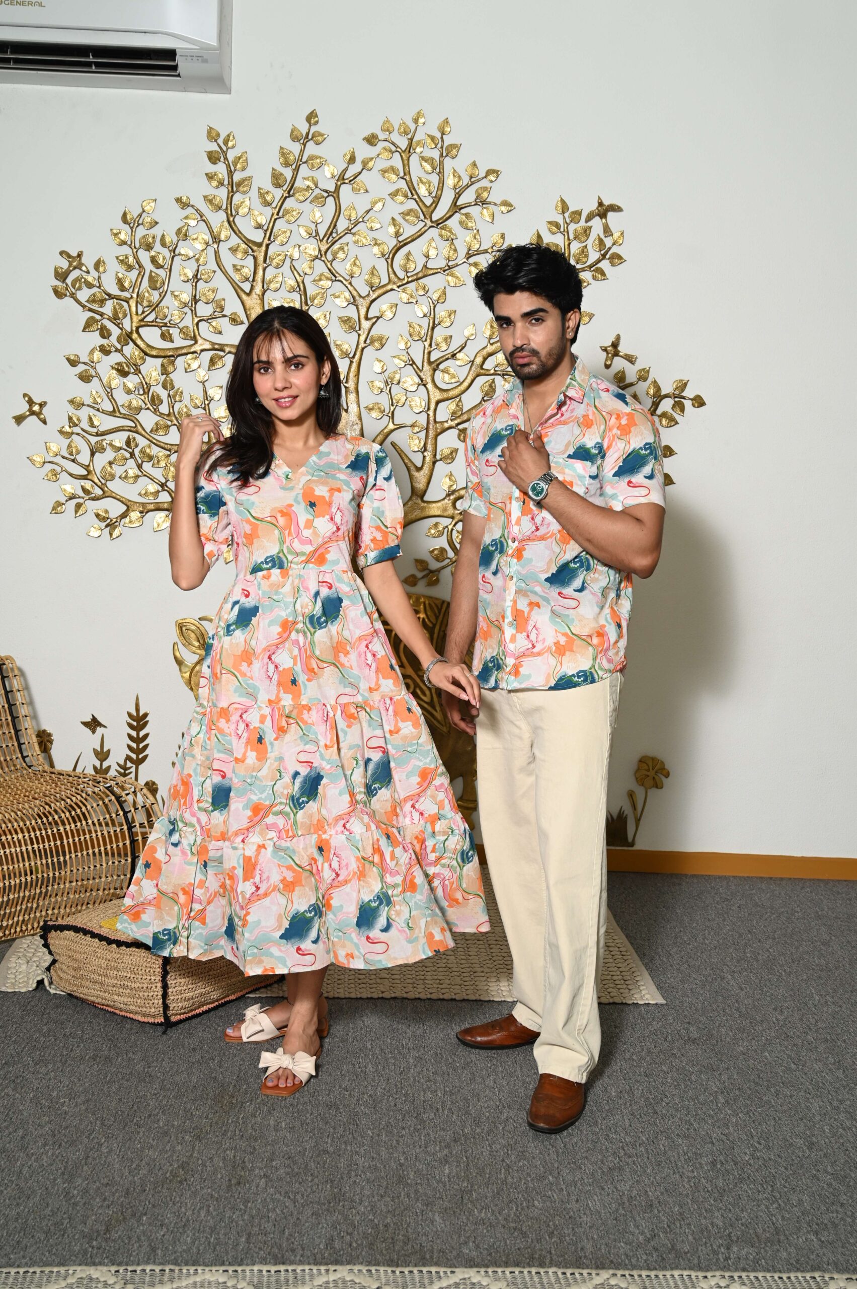 Couple Matching Abstract Print Cotton Anarkali Midi Dress & Shirt Set , Multicolor Summer Outfit - Image 2