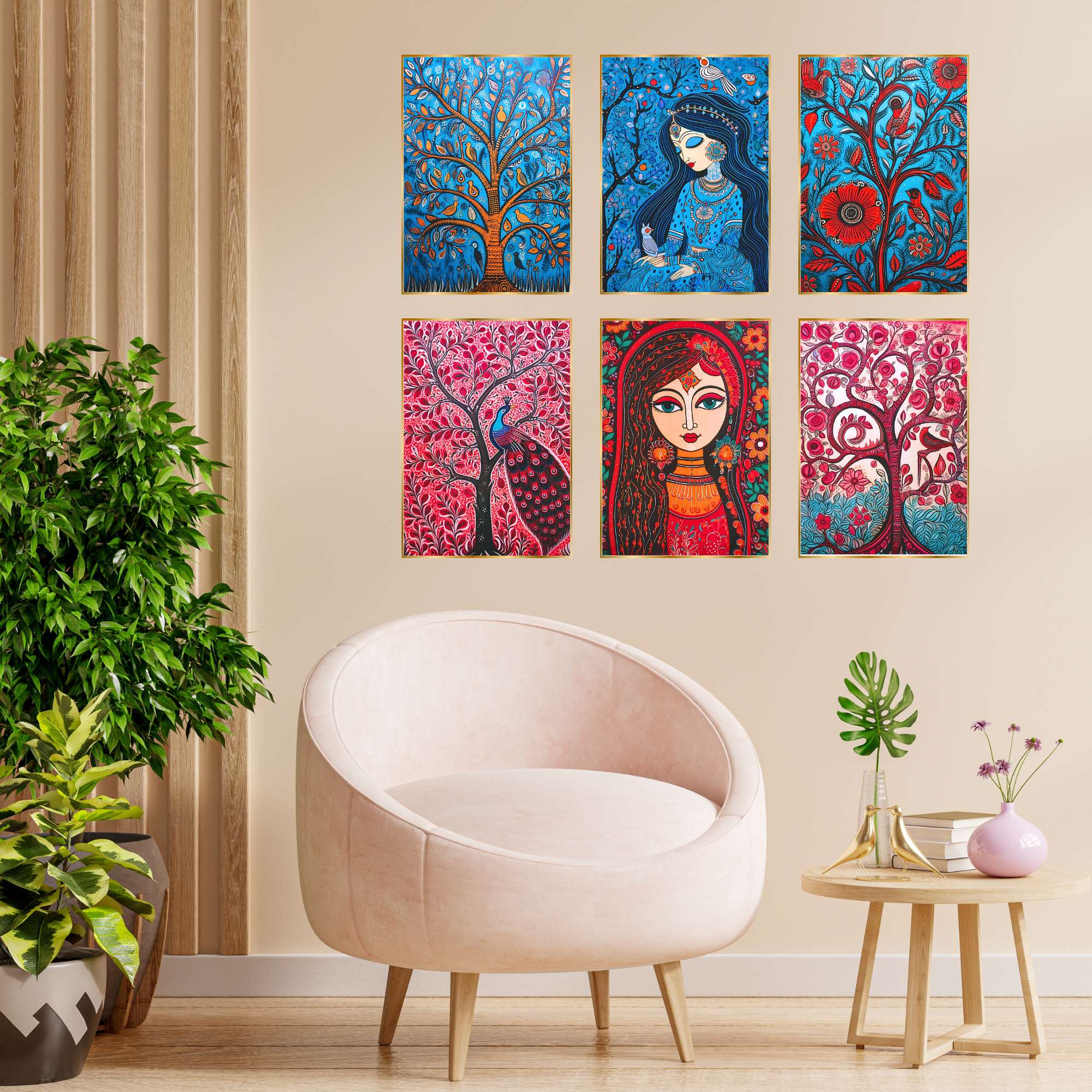 Set of Six Wall Paintings for Wall Dacoration Golden Framed Wall Paintings for Living Room & Bedroom Wall Art for Home D