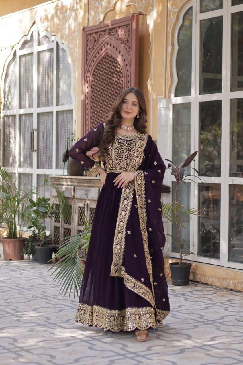 Women's Luxurious Plum Velvet Anarkali Gown with Heavy Gold Zari & Sequin Embroidery β Perfect for Weddings & Grand Fest