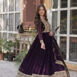 Women's Luxurious Plum Velvet Anarkali Gown with Heavy Gold Zari & Sequin Embroidery – Perfect for Weddings & Grand Fest