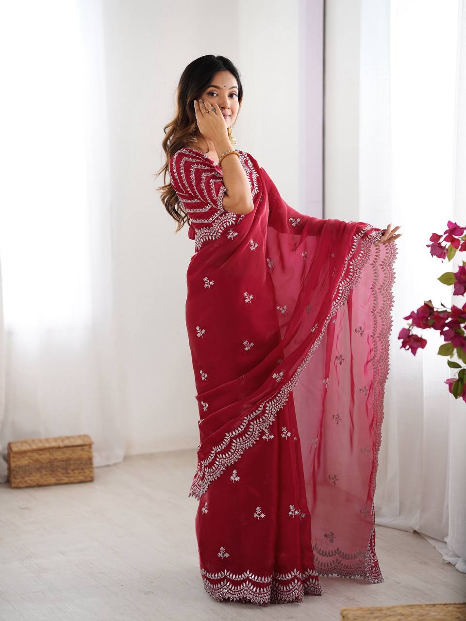 Women's Elegant Regal Purple Georgette Saree with Intricate Silver Thread & Sequin Embroidery – Complete with Embellishe