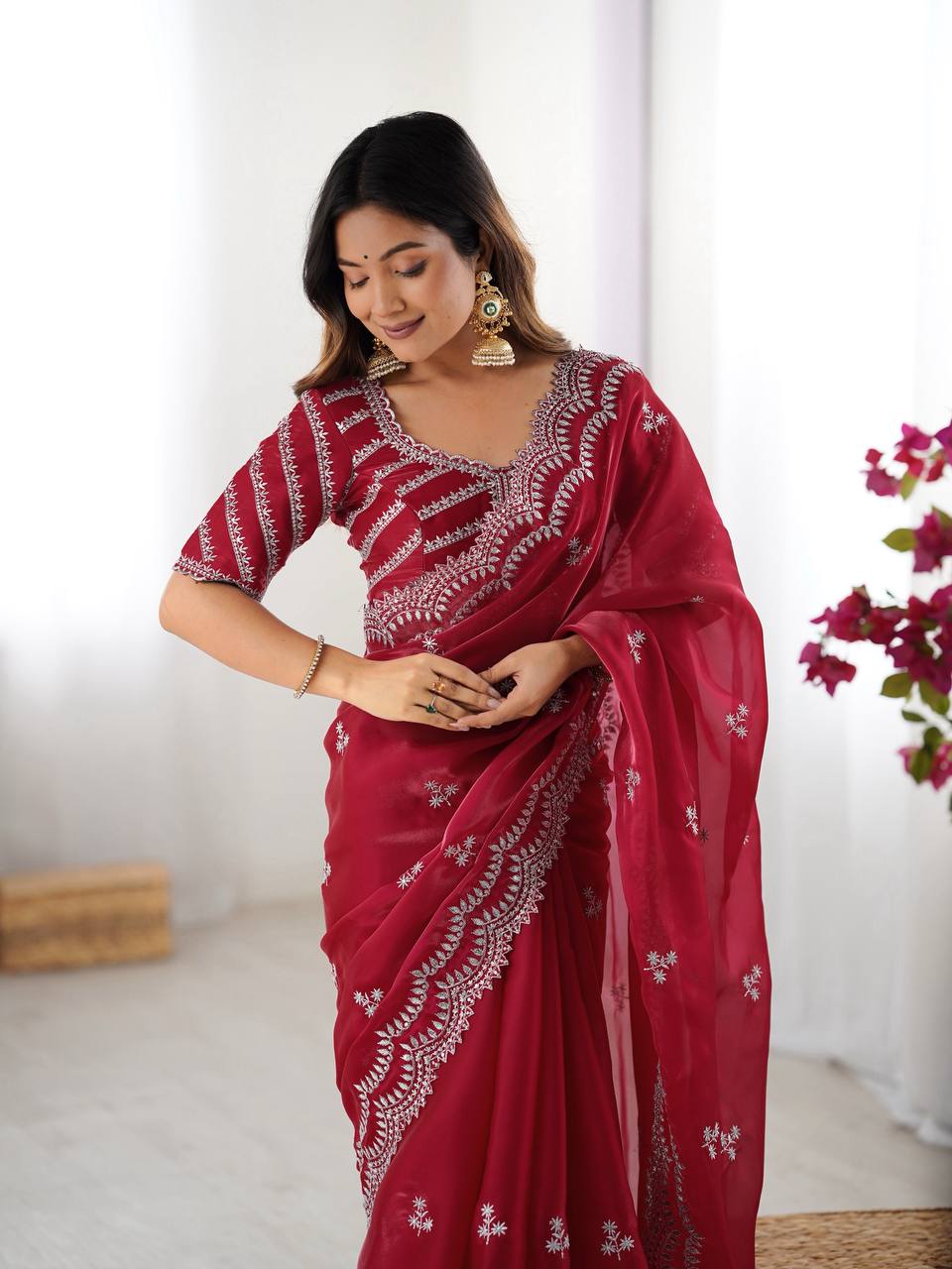 Women's Elegant Regal Purple Georgette Saree with Intricate Silver Thread & Sequin Embroidery – Complete with Embellishe