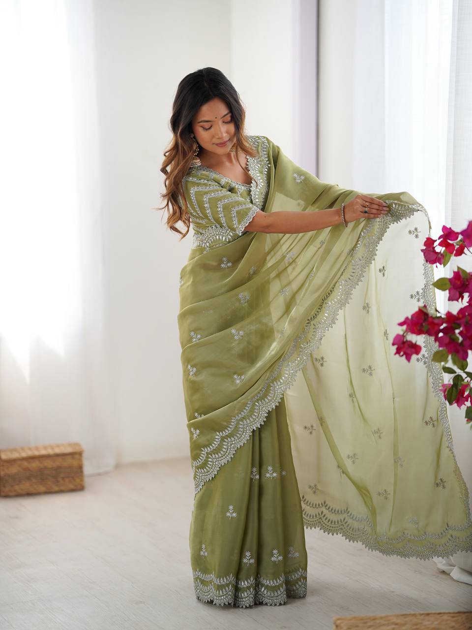 Women's Elegant Regal Purple Georgette Saree with Intricate Silver Thread & Sequin Embroidery – Complete with Embellishe