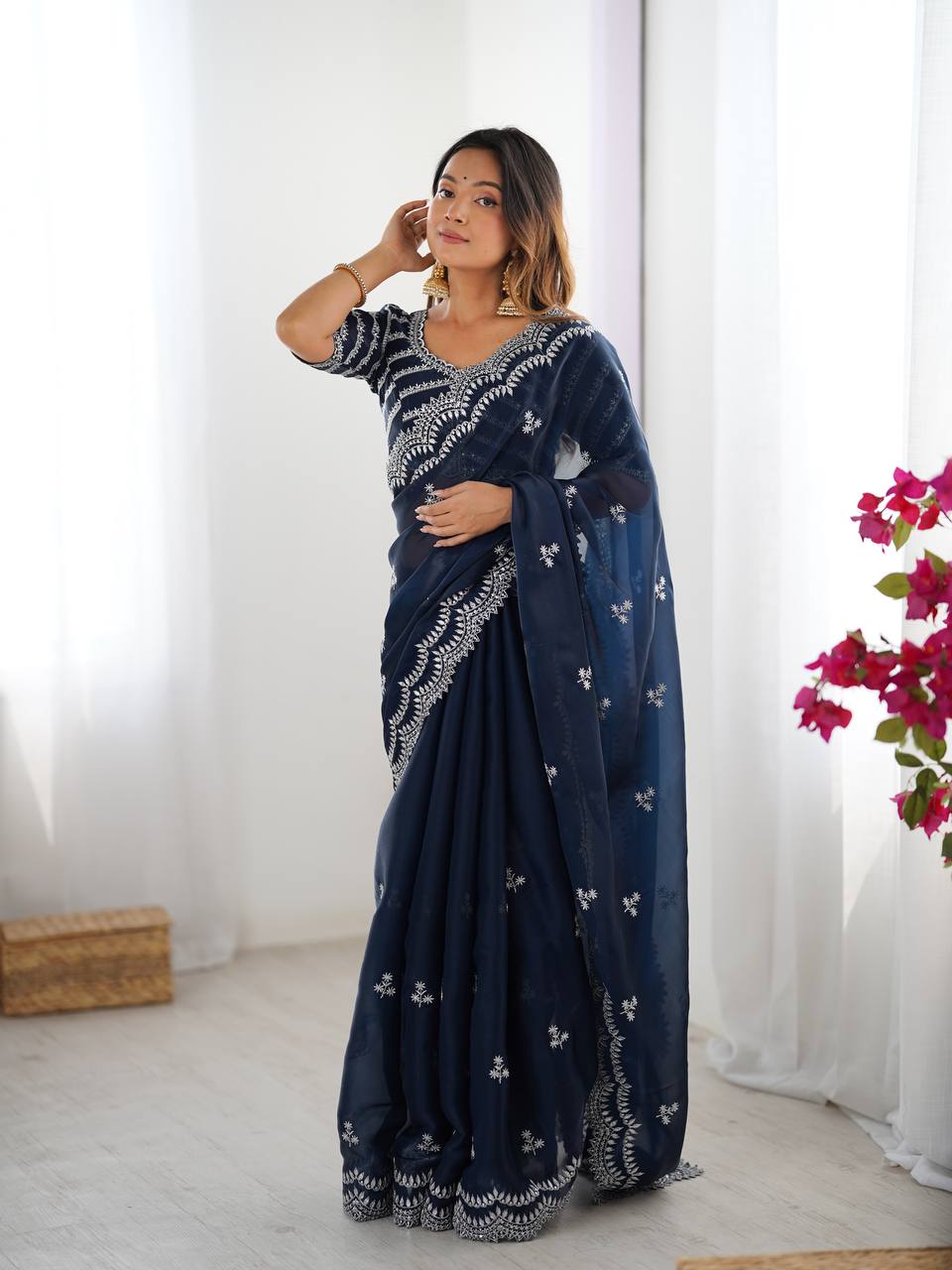 Women's Elegant Regal Purple Georgette Saree with Intricate Silver Thread & Sequin Embroidery – Complete with Embellishe