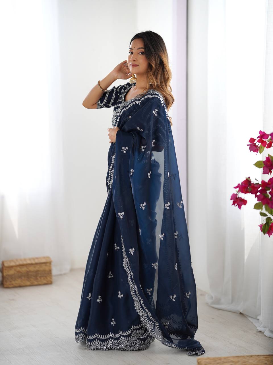 Women's Elegant Regal Purple Georgette Saree with Intricate Silver Thread & Sequin Embroidery – Complete with Embellishe