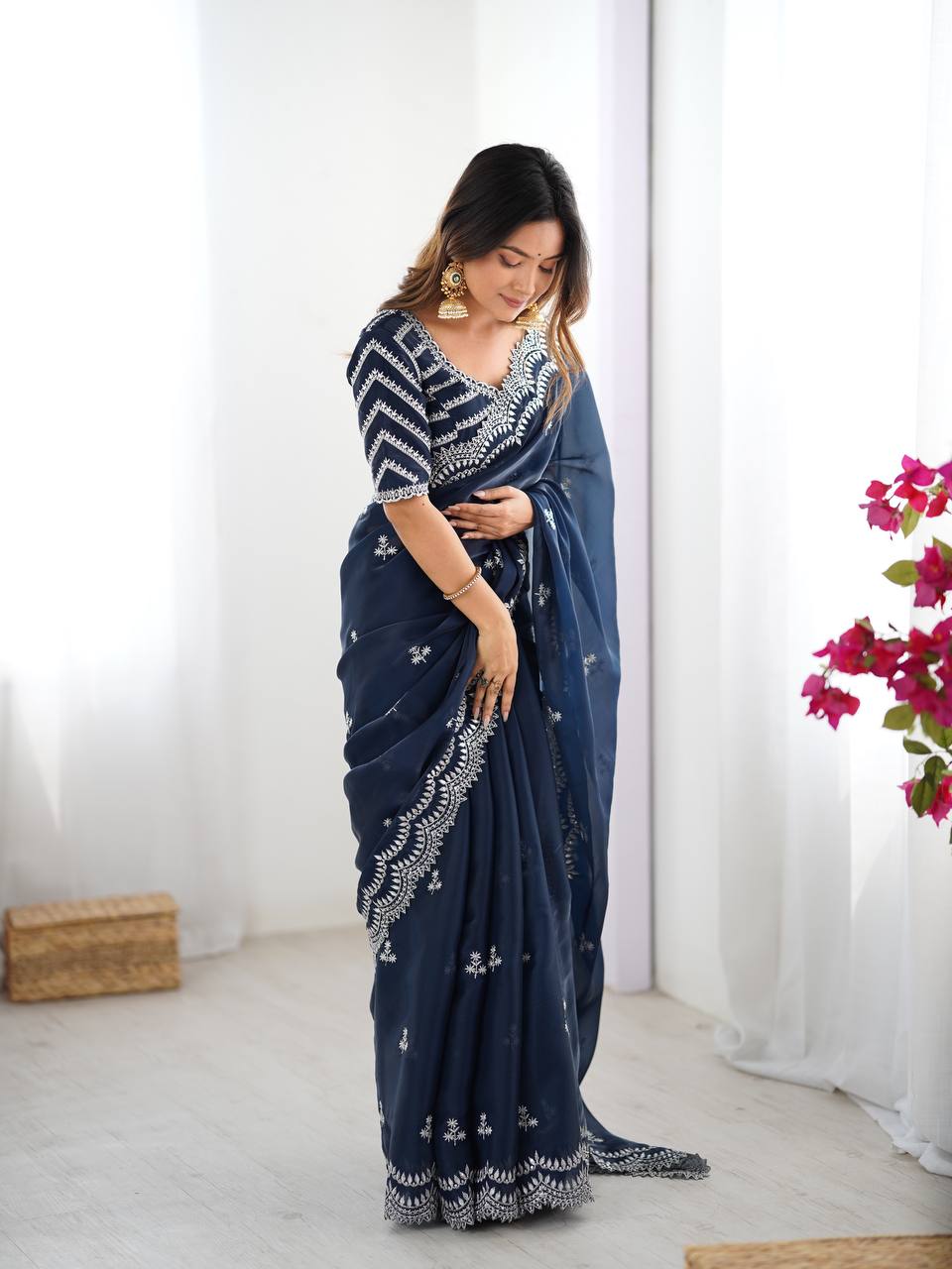 Women's Elegant Regal Purple Georgette Saree with Intricate Silver Thread & Sequin Embroidery – Complete with Embellishe