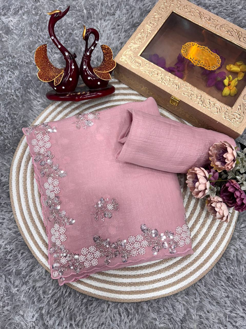 Women's Soft Pink Organza Saree with Delicate Pearl & Sequin Floral Embroidery β Lightweight Sheer Drape for Festive, We