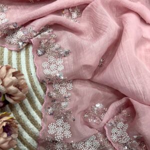 Women's Soft Pink Organza Saree with Delicate Pearl & Sequin Floral Embroidery – Lightweight Sheer Drape for Festive, We
