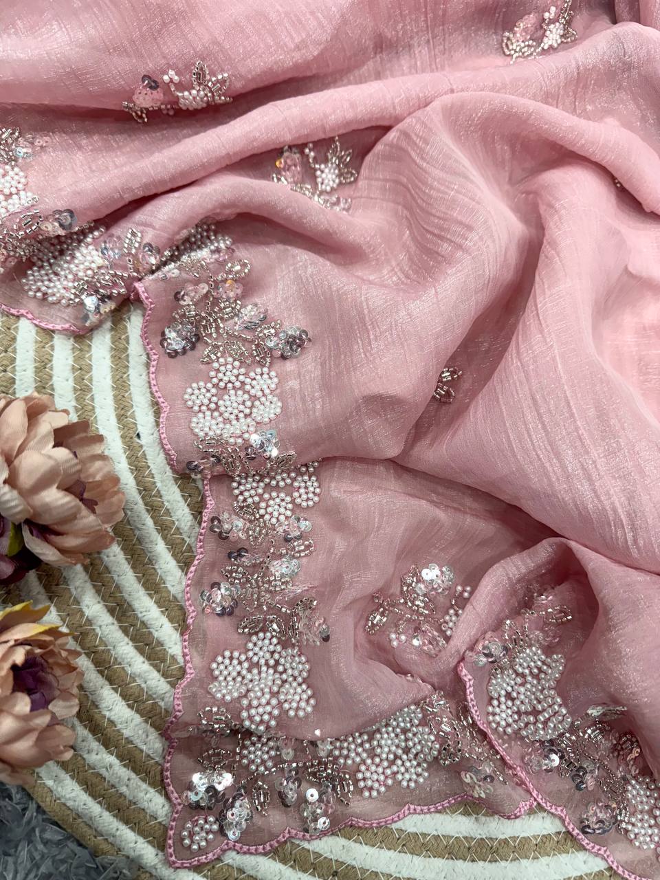 Women's Soft Pink Organza Saree with Delicate Pearl & Sequin Floral Embroidery β Lightweight Sheer Drape for Festive, We