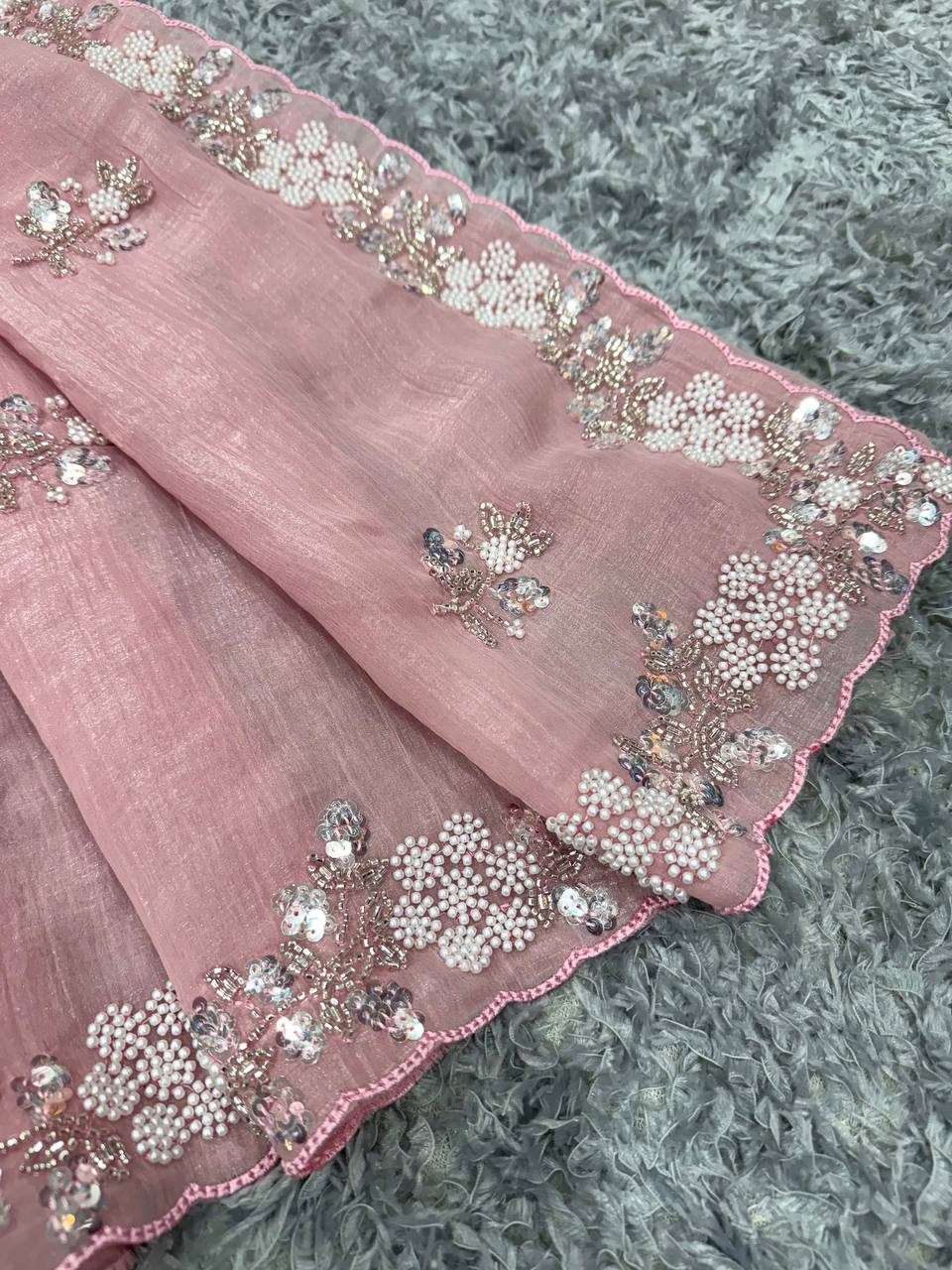 Women's Soft Pink Organza Saree with Delicate Pearl & Sequin Floral Embroidery β Lightweight Sheer Drape for Festive, We