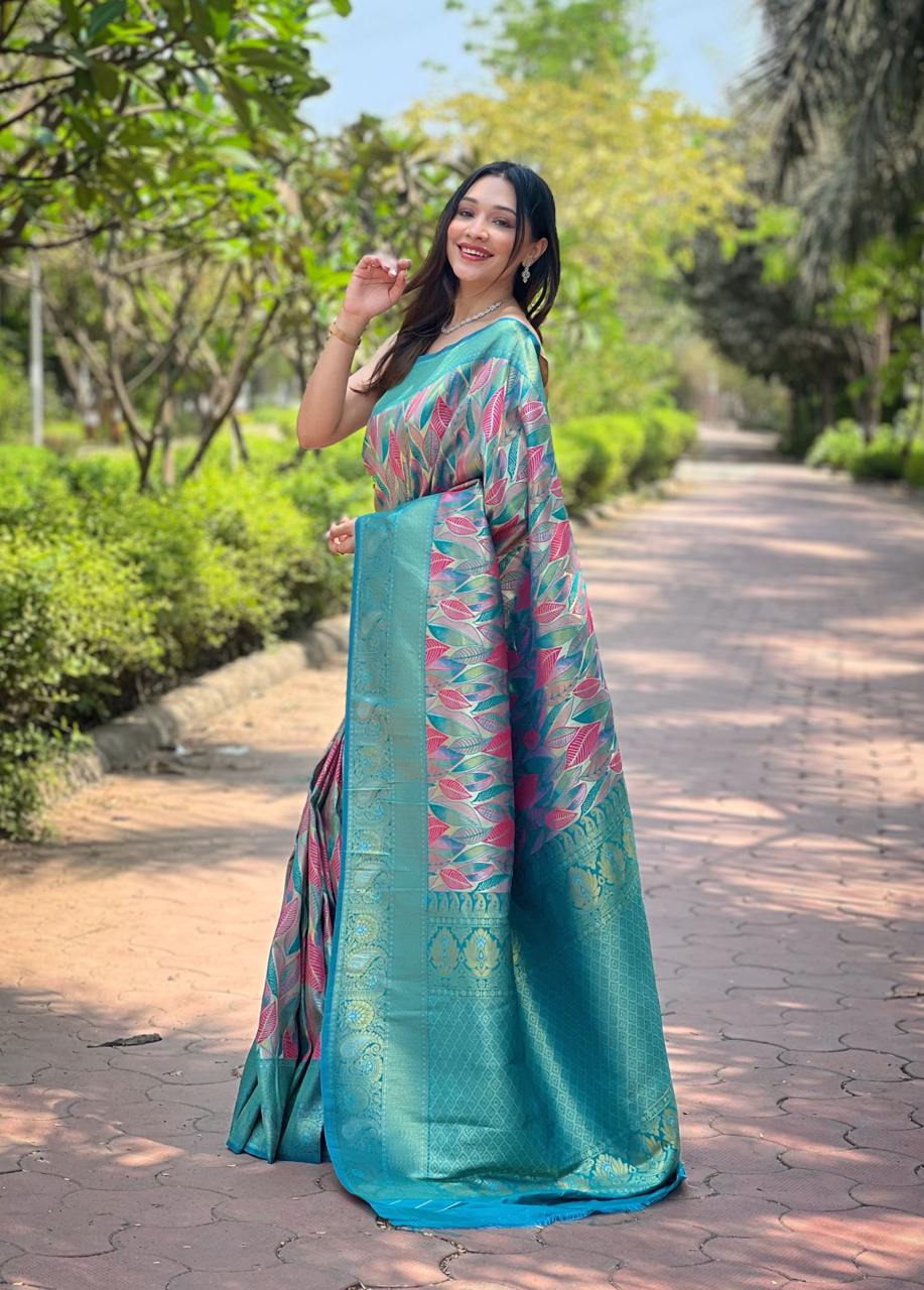 Women's Luxurious Pista Green & Pink Art Silk Saree with Intricate Leaf Weave & Broad Zari Border – Ideal for Festive &