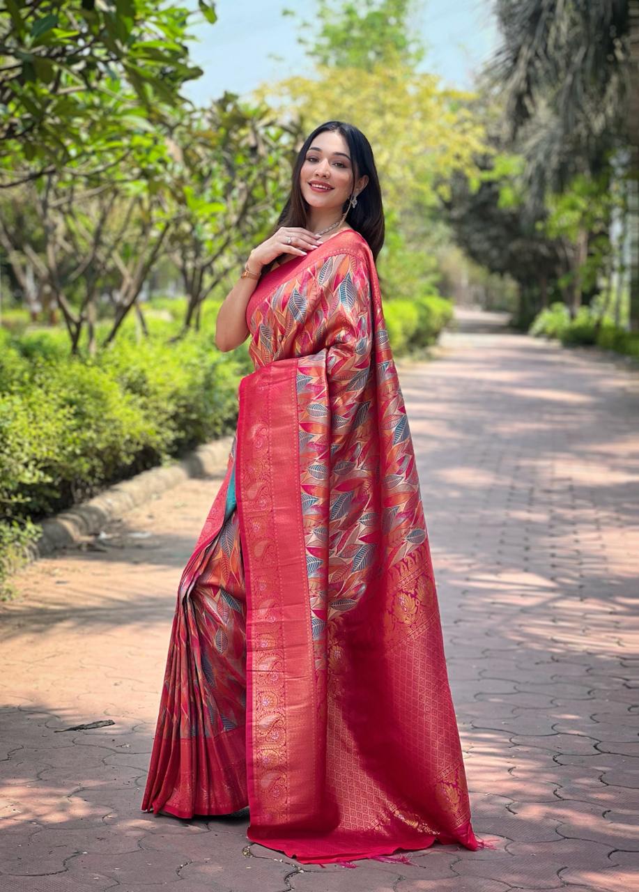 Women's Luxurious Pista Green & Pink Art Silk Saree with Intricate Leaf Weave & Broad Zari Border – Ideal for Festive &
