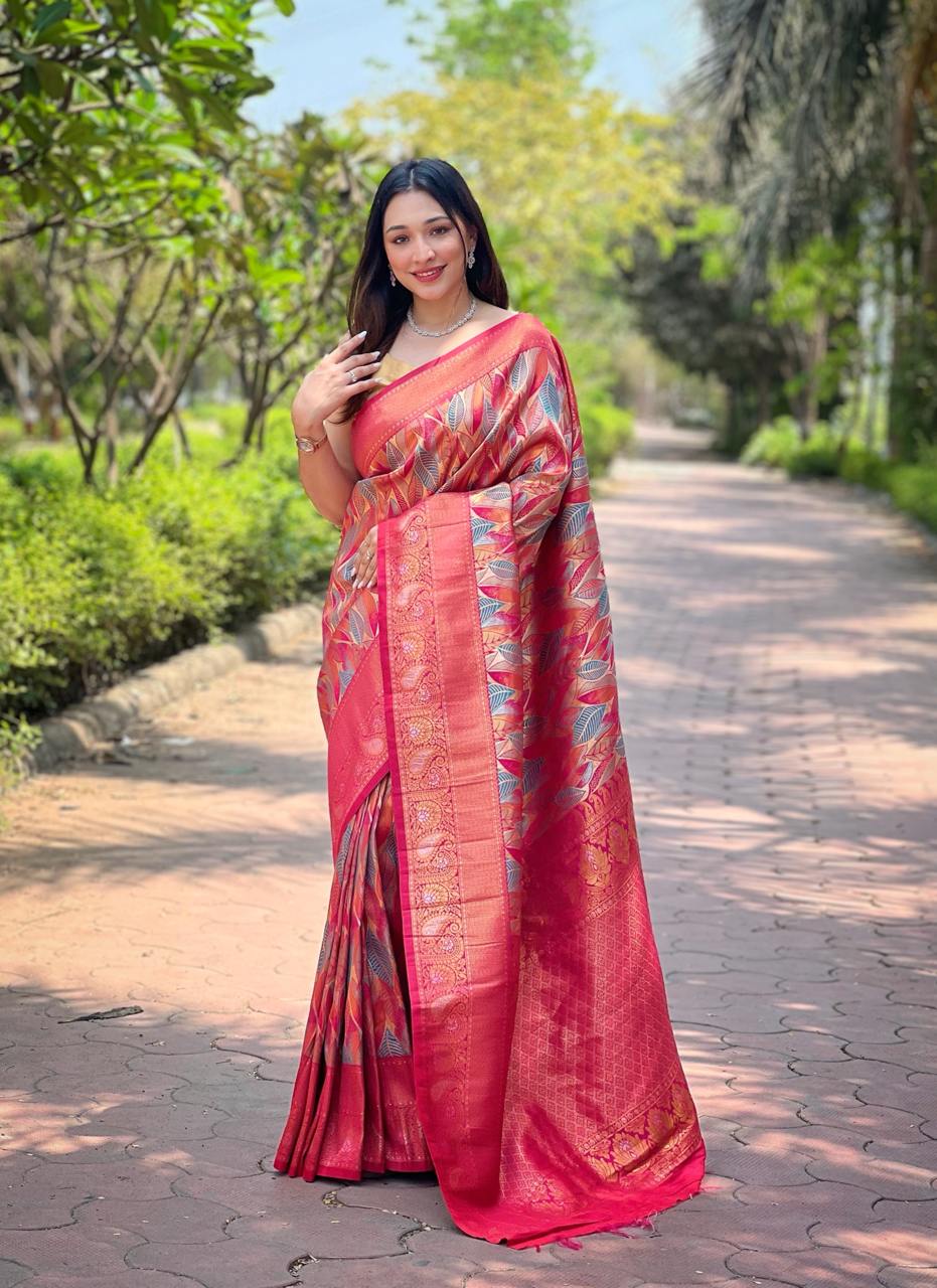 Women's Luxurious Pista Green & Pink Art Silk Saree with Intricate Leaf Weave & Broad Zari Border – Ideal for Festive &