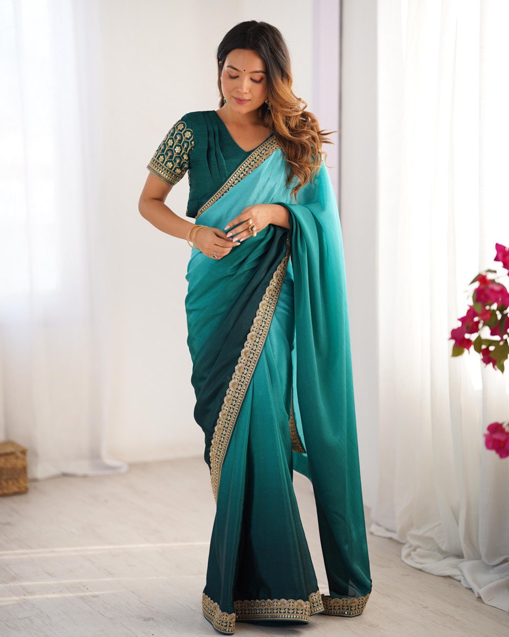 Women's Elegant Ombre Green Georgette Saree with Intricate Golden Zari & Stone Embellishments – Complete with Heavily Wo