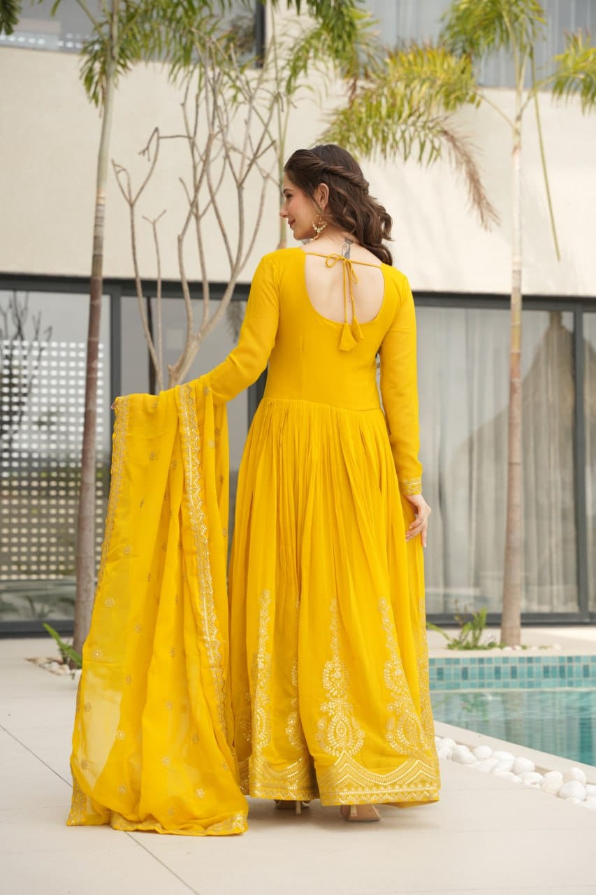 Women's Radiant Red Anarkali Suit Set with Golden Zari & Sequin Embroidery – Perfect for Festive & Wedding Occasions