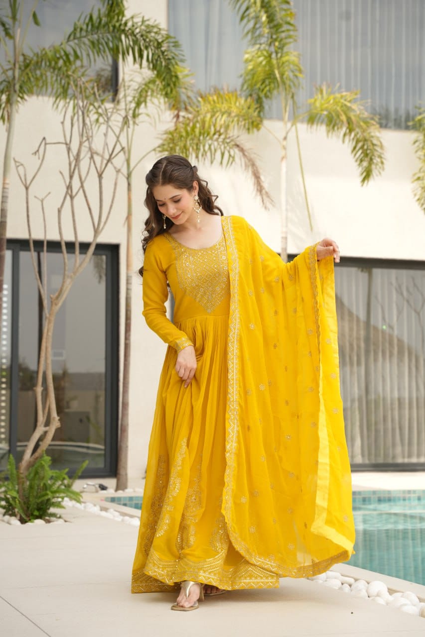 Women's Radiant Red Anarkali Suit Set with Golden Zari & Sequin Embroidery – Perfect for Festive & Wedding Occasions