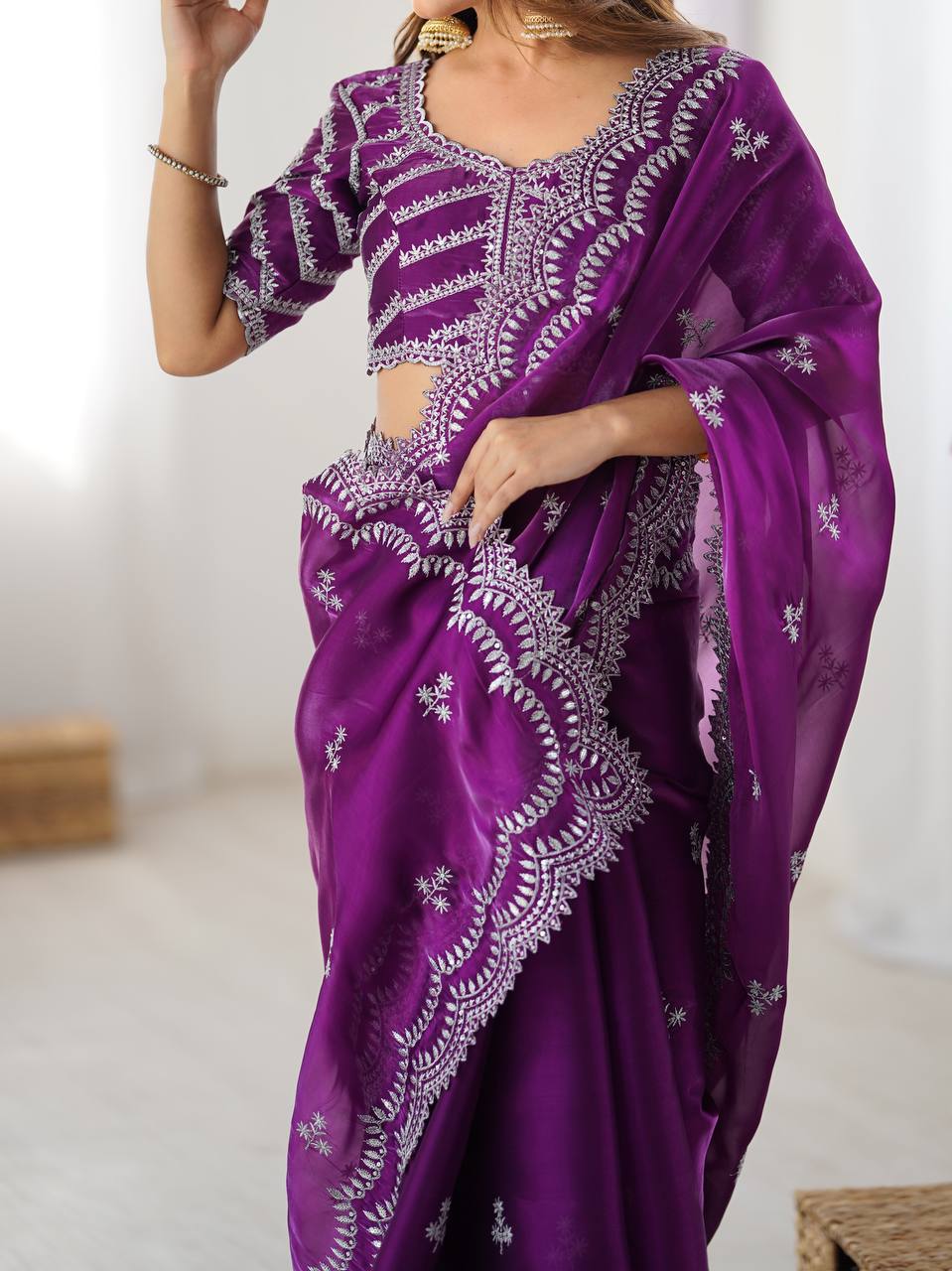 Women's Elegant Regal Purple Georgette Saree with Intricate Silver Thread & Sequin Embroidery – Complete with Embellishe