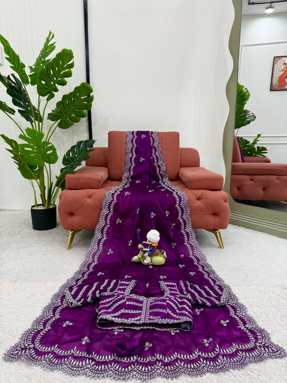 Women's Elegant Regal Purple Georgette Saree with Intricate Silver Thread & Sequin Embroidery – Complete with Embellishe