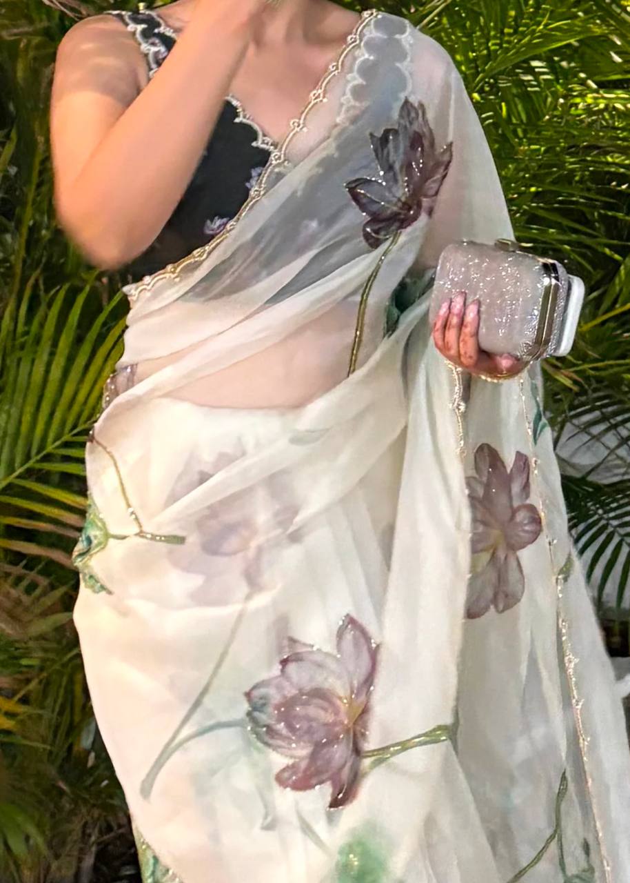 Women's Exquisite Lavender & White Organza Saree with Hand-Painted Lotus Floral Motifs & Gold Embellished Border – Compl