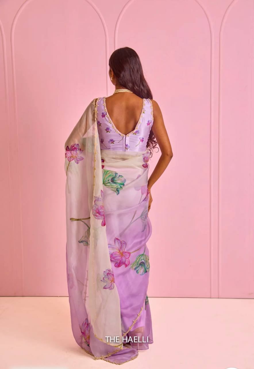 Women's Exquisite Lavender & White Organza Saree with Hand-Painted Lotus Floral Motifs & Gold Embellished Border – Compl