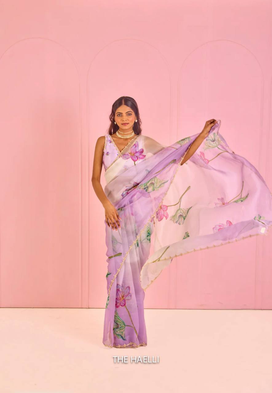 Women's Exquisite Lavender & White Organza Saree with Hand-Painted Lotus Floral Motifs & Gold Embellished Border – Compl