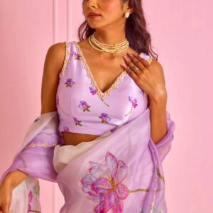 Women's Exquisite Lavender & White Organza Saree with Hand-Painted Lotus Floral Motifs & Gold Embellished Border – Compl