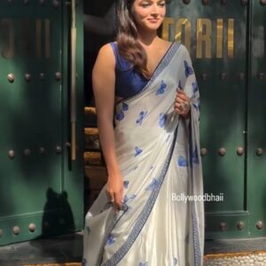Women's Chic Snow White Georgette Saree with Vibrant Blue Butterfly Digital Print & Contrasting Border – Perfect for Cas