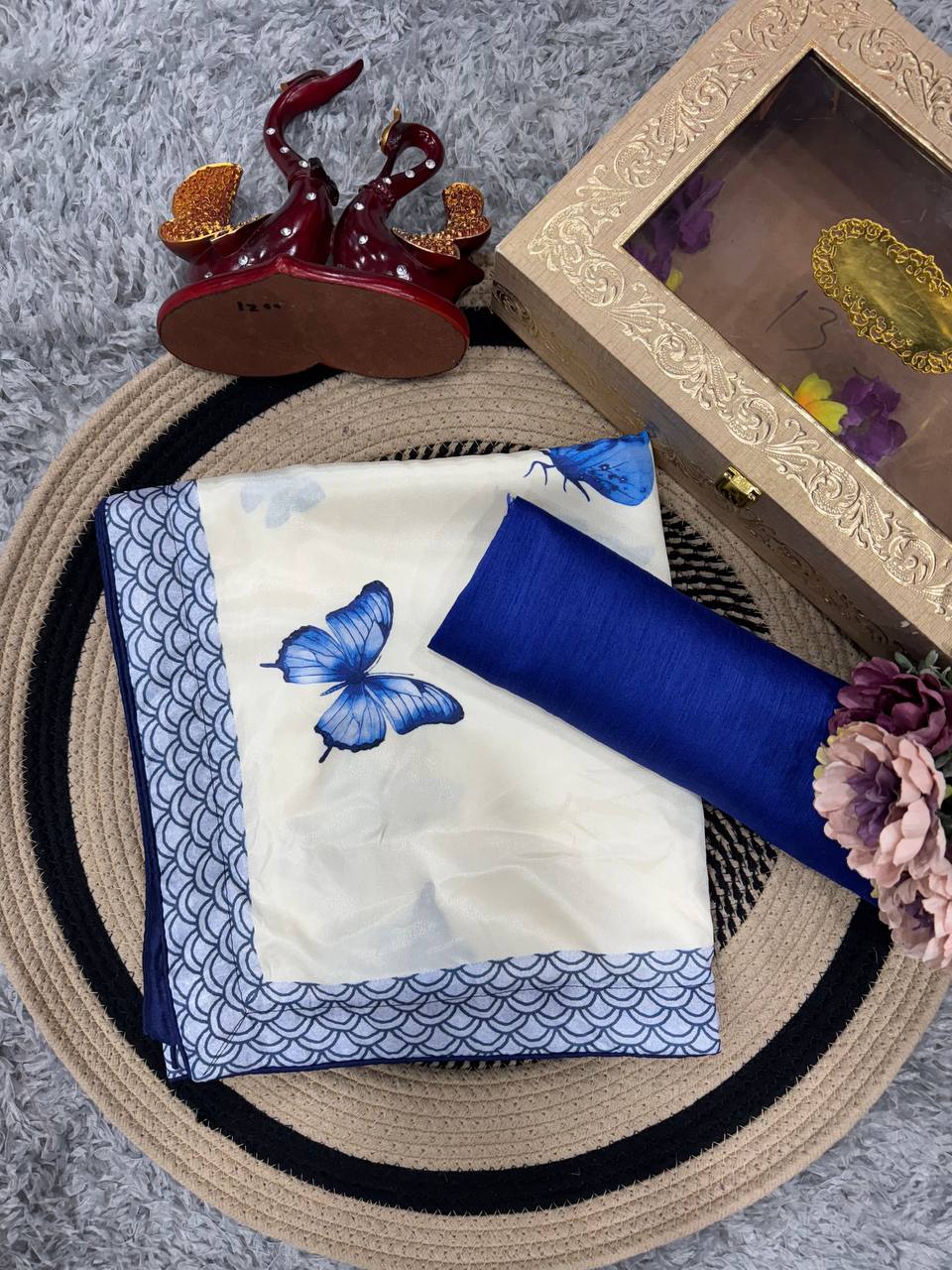 Women's Chic Snow White Georgette Saree with Vibrant Blue Butterfly Digital Print & Contrasting Border – Perfect for Cas