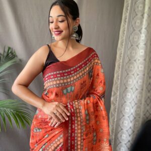 Women's Artistic Terracotta Orange Linen Saree with Kalamkari Inspired Print & Tassel Detailing – Perfect for Casual Fes