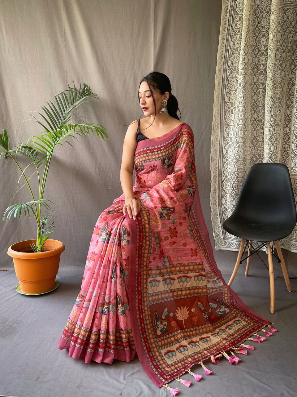 Women's Artistic Terracotta Orange Linen Saree with Kalamkari Inspired Print & Tassel Detailing – Perfect for Casual Fes