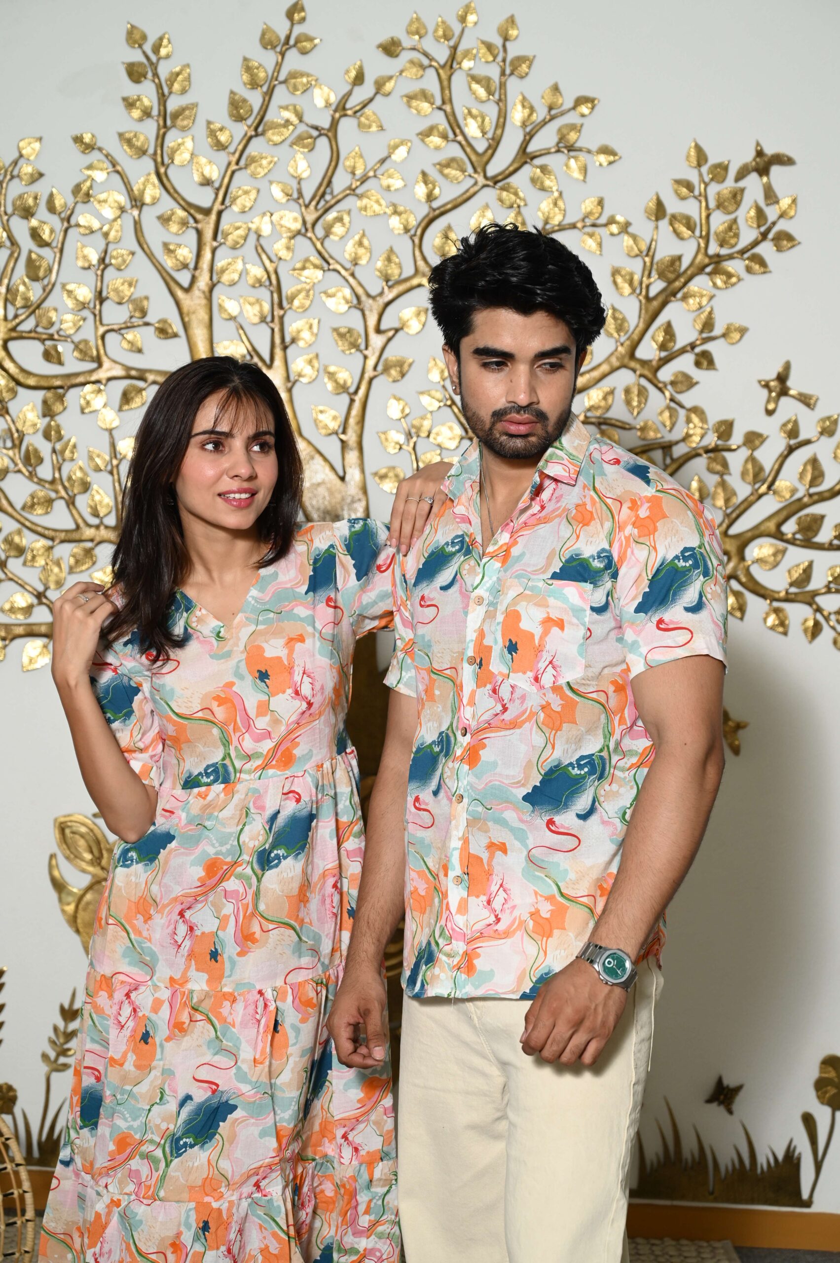 Couple Matching Abstract Print Cotton Anarkali Midi Dress & Shirt Set , Multicolor Summer Outfit - Image 4