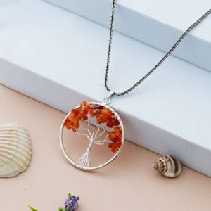 Carnelian Pendant Tree of Life Crystal Stone Pendant Locket with Metal Chain for Healing Crystal Healing Gemstone Size