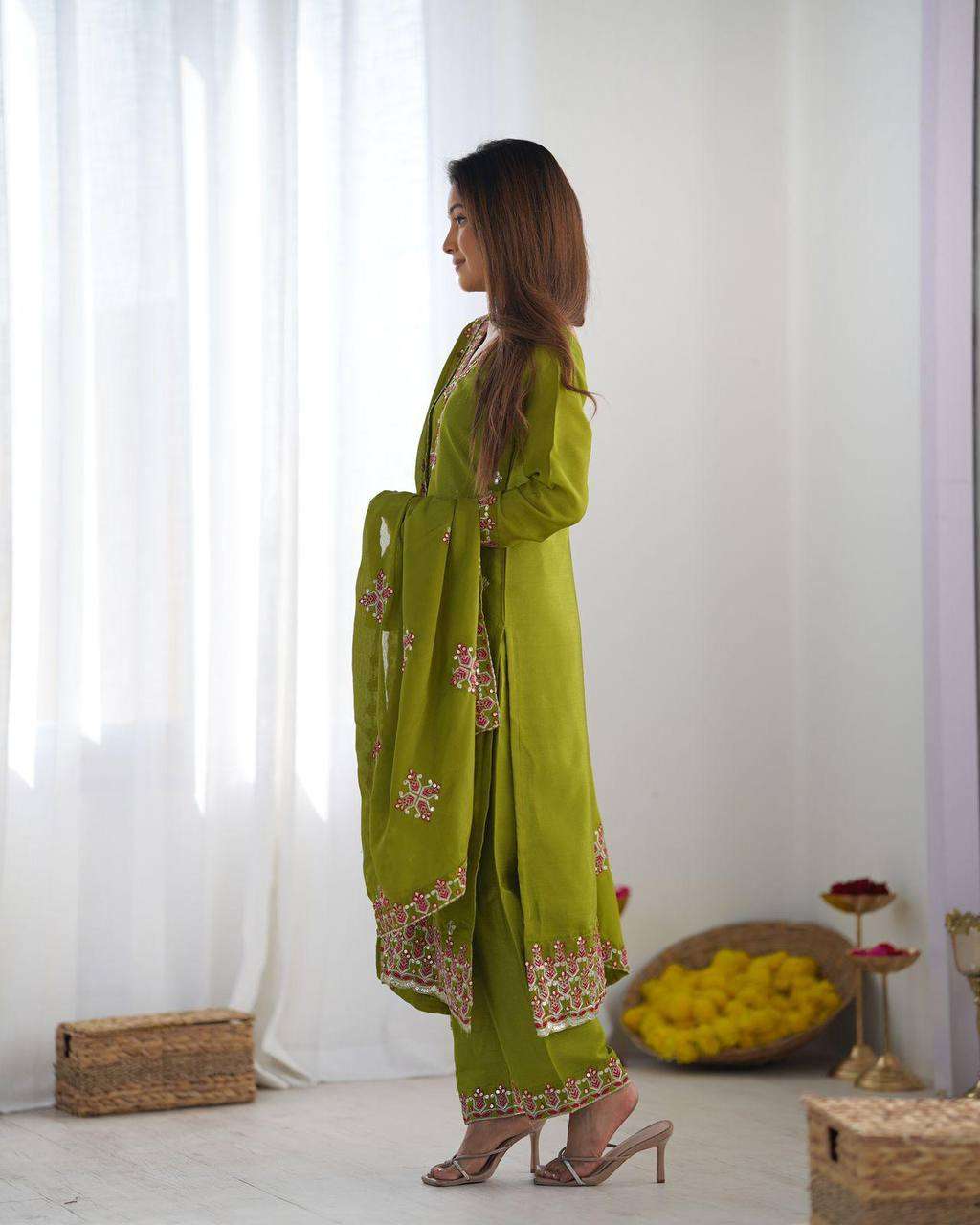 Women's Chinnon Silk Embroidery Sequence Work and Lace Work Straight Kurti With Pant and Dupatta