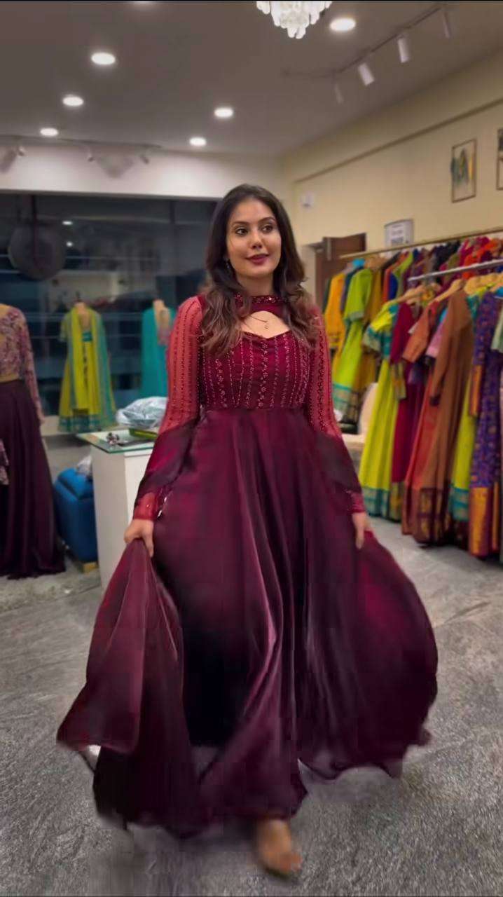 Women's Silk Heavy Embroidery Sequence Work Long Anarkali Kurti With Pant and Dupatta Set