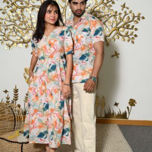 Couple Matching Abstract Print Cotton Anarkali Midi Dress & Shirt Set , Multicolor Summer Outfit