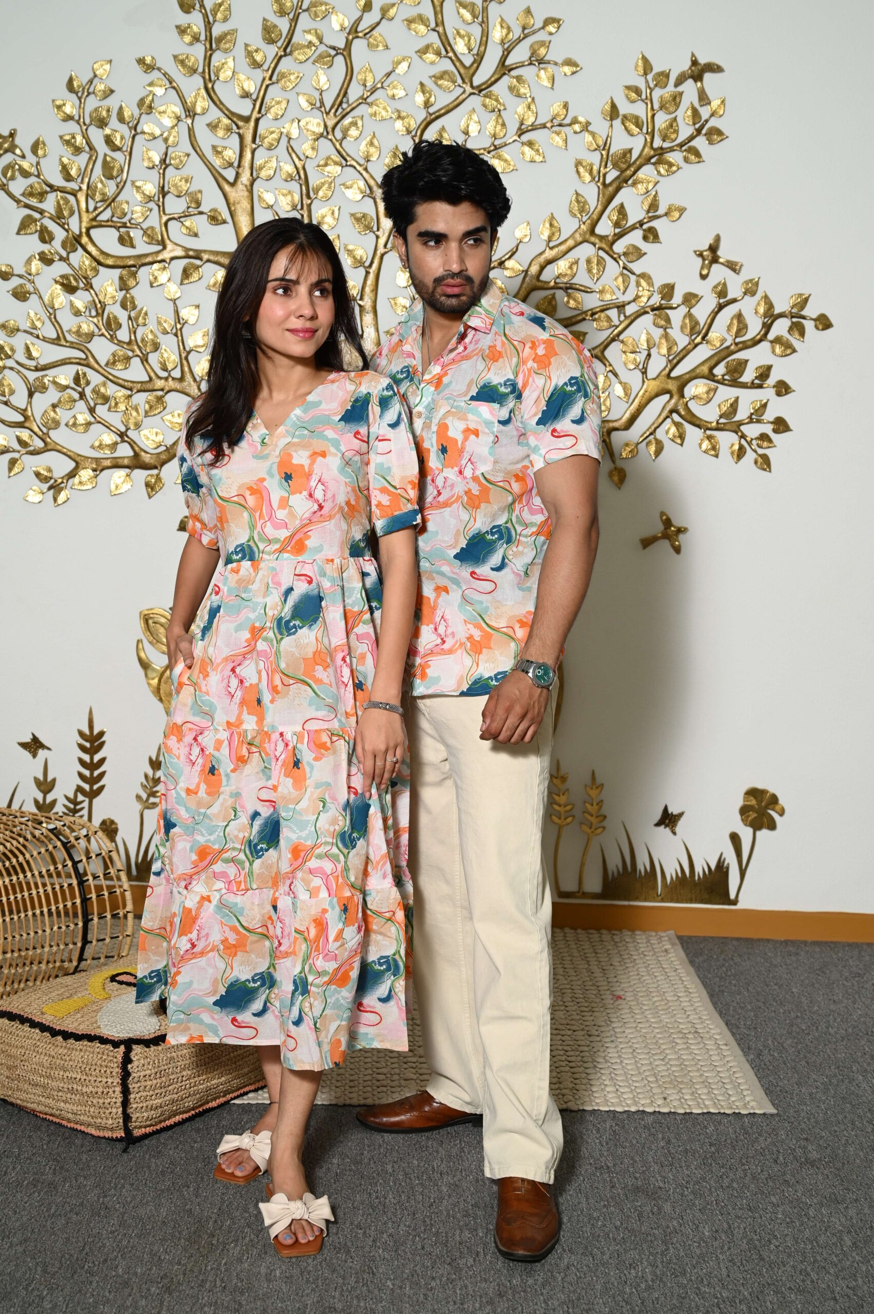 Couple Matching Abstract Print Cotton Anarkali Midi Dress & Shirt Set , Multicolor Summer Outfit