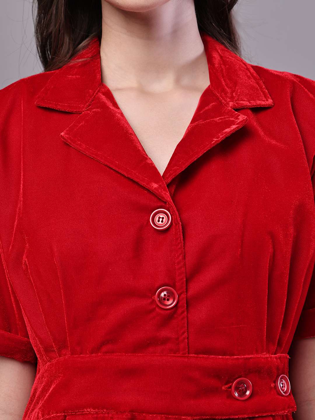 Women's Red Velvet Solid Printed Shirt Midi Dress with Belt