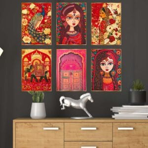 Set of Six Wall Paintings for Wall Dacoration Golden Framed Wall Paintings for Living Room & Bedroom Wall Art for Home D
